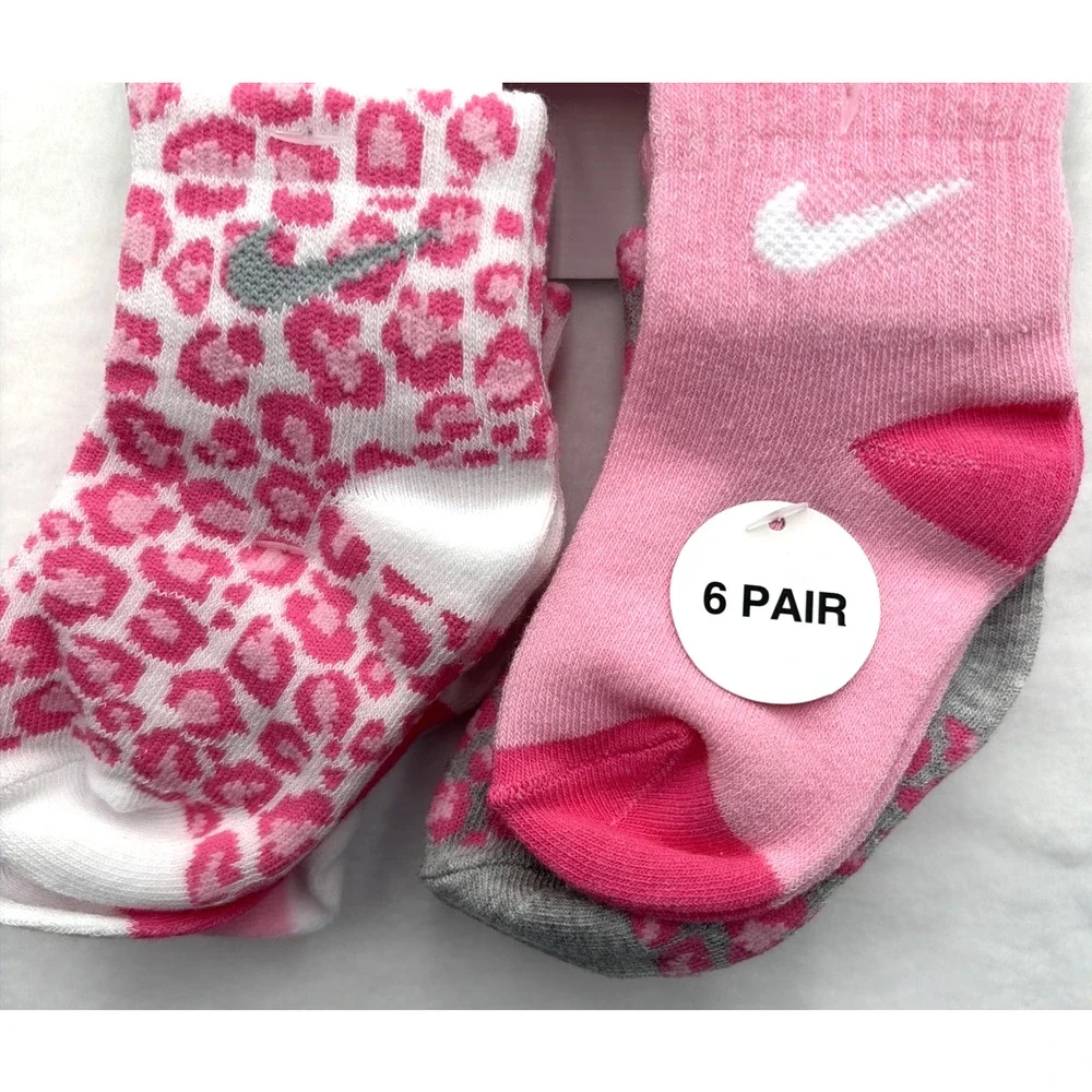 Nike Baby Girl Ankle Socks 12-24M Pink, White & Gray Leopard Print 6 Pairs NEW
